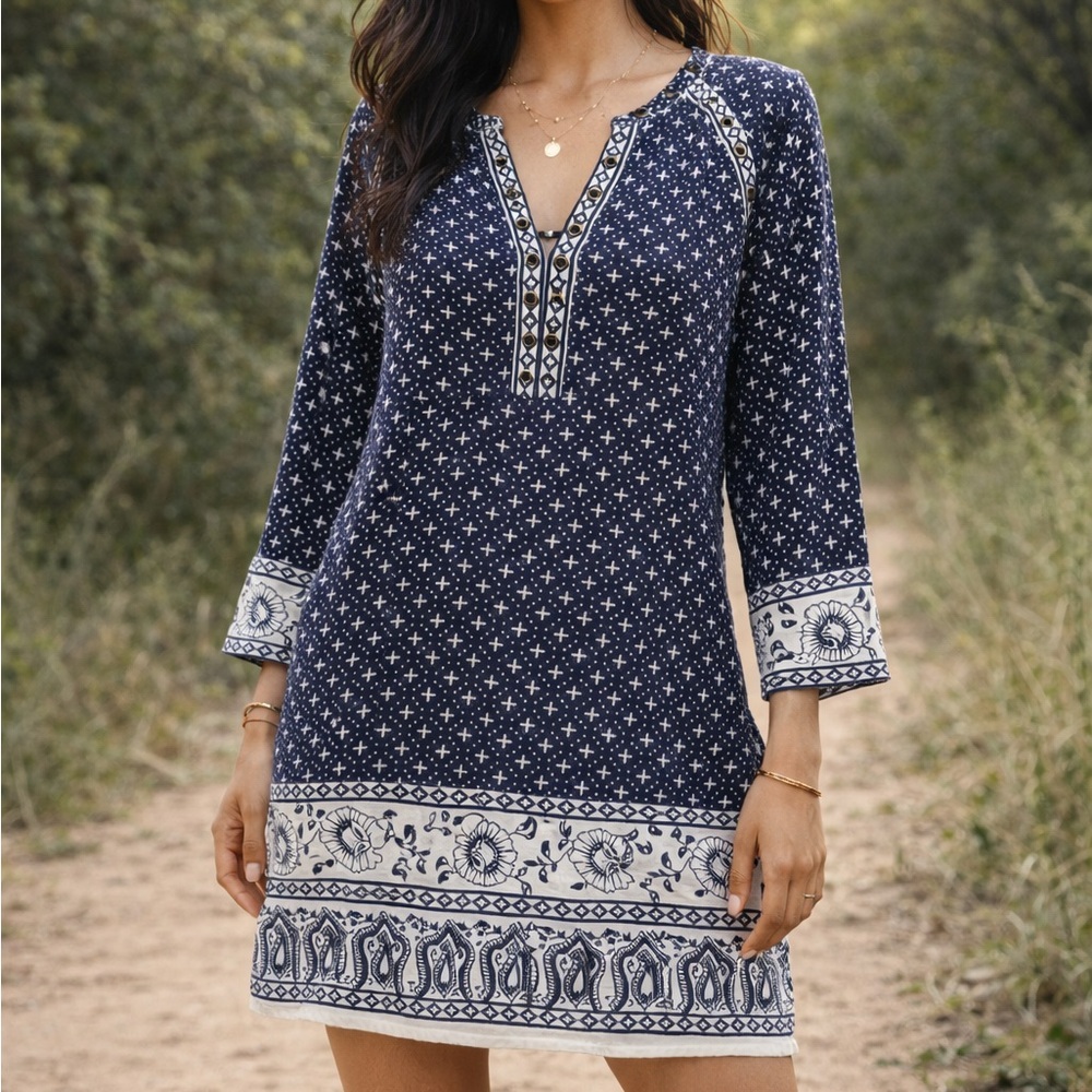 Forever 21 navy + white boho‎ tunic dress • size S